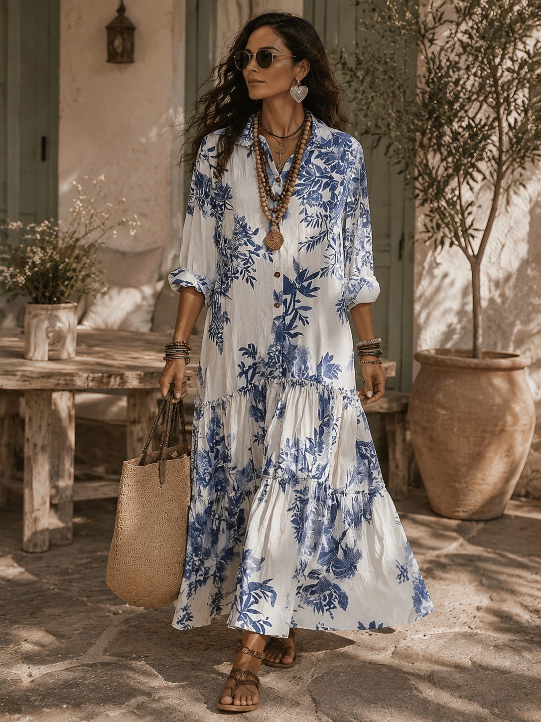 Tuscany™ | Bohemian Blue Floral Button-Down Tiered Maxi Dress