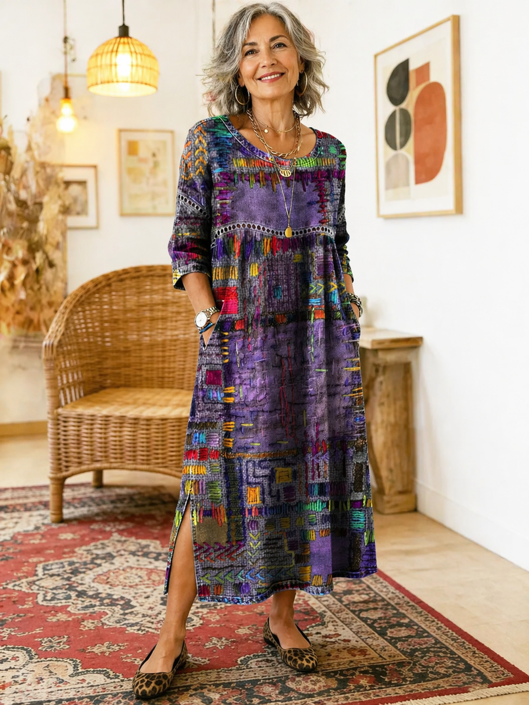 Frondine™ | Patchwork Ethnic Midi Dress