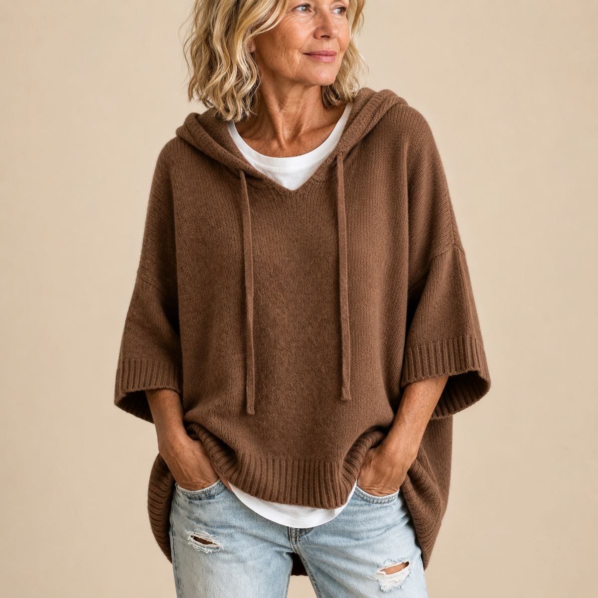 Ottavia | Women's Hooded Poncho Sweater with Three-Quarter Sleeves
