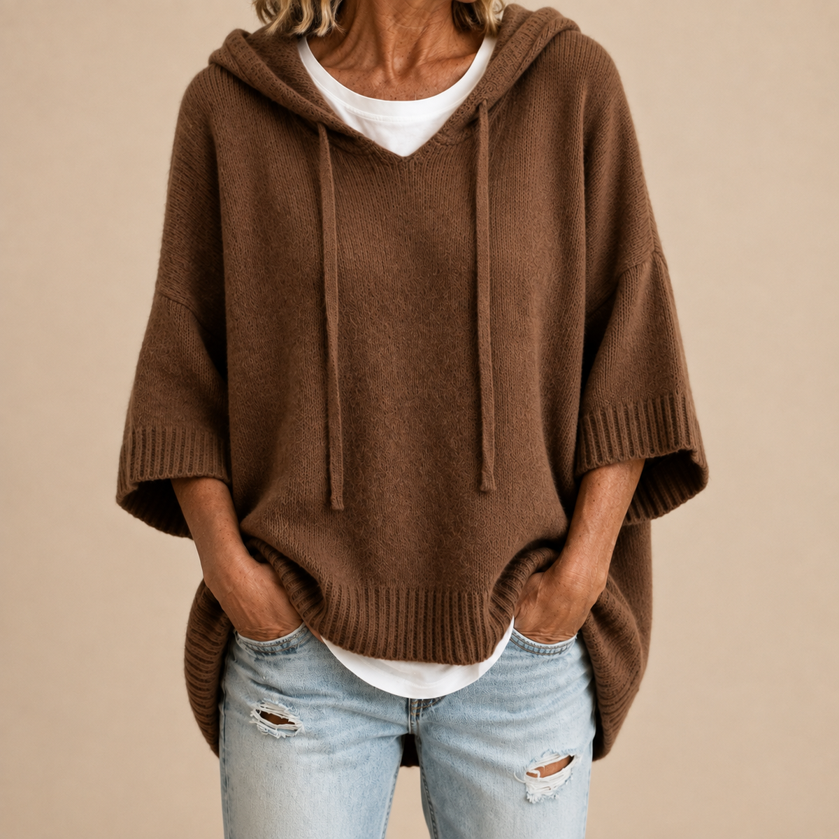 Ottavia | Women's Hooded Poncho Sweater with Three-Quarter Sleeves