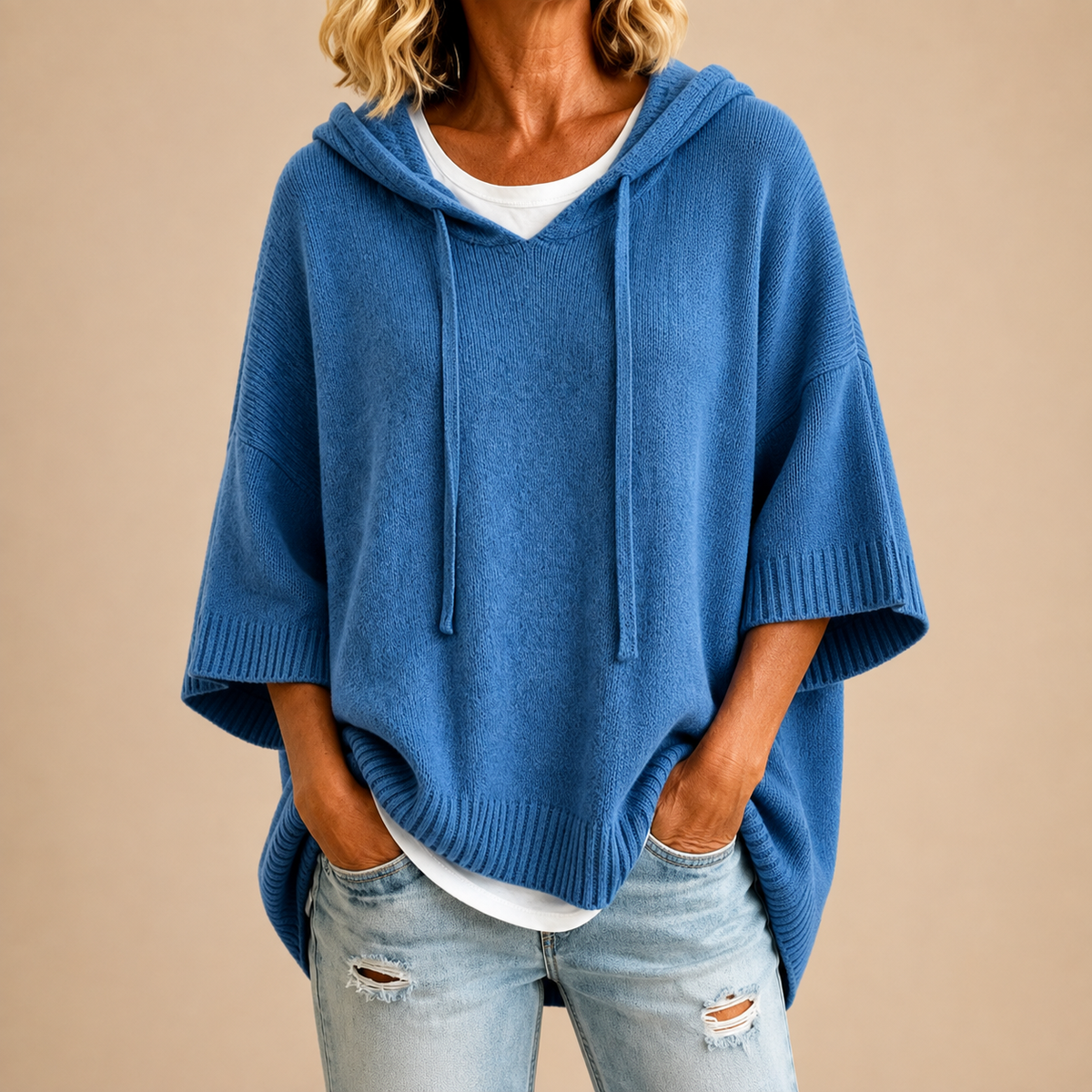 Ottavia | Women's Hooded Poncho Sweater with Three-Quarter Sleeves