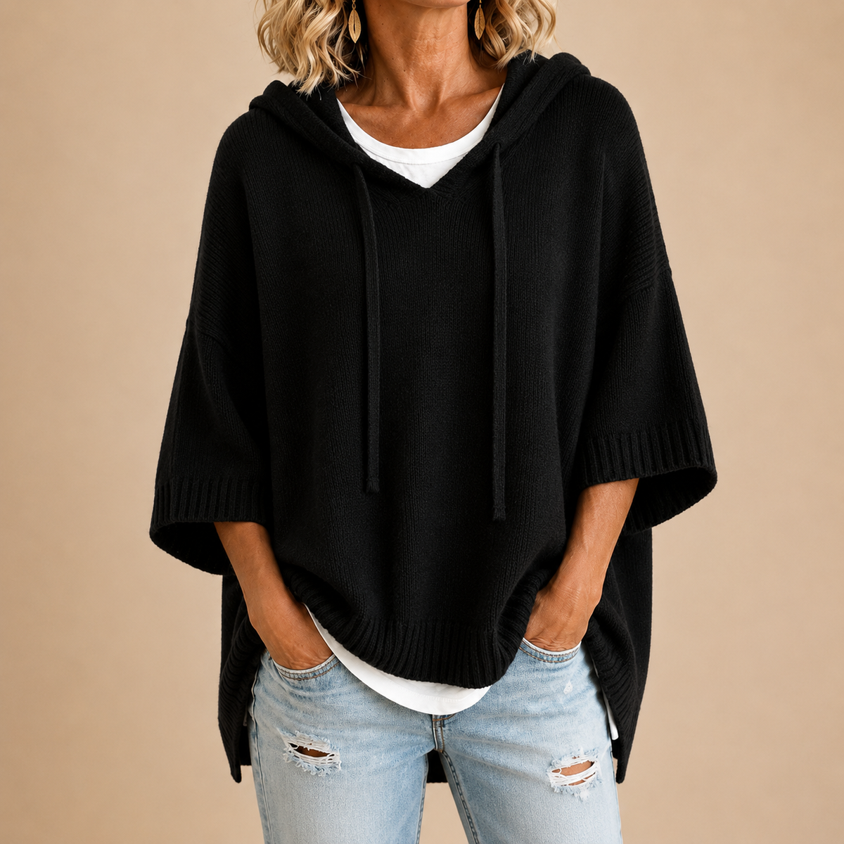Ottavia | Women's Hooded Poncho Sweater with Three-Quarter Sleeves