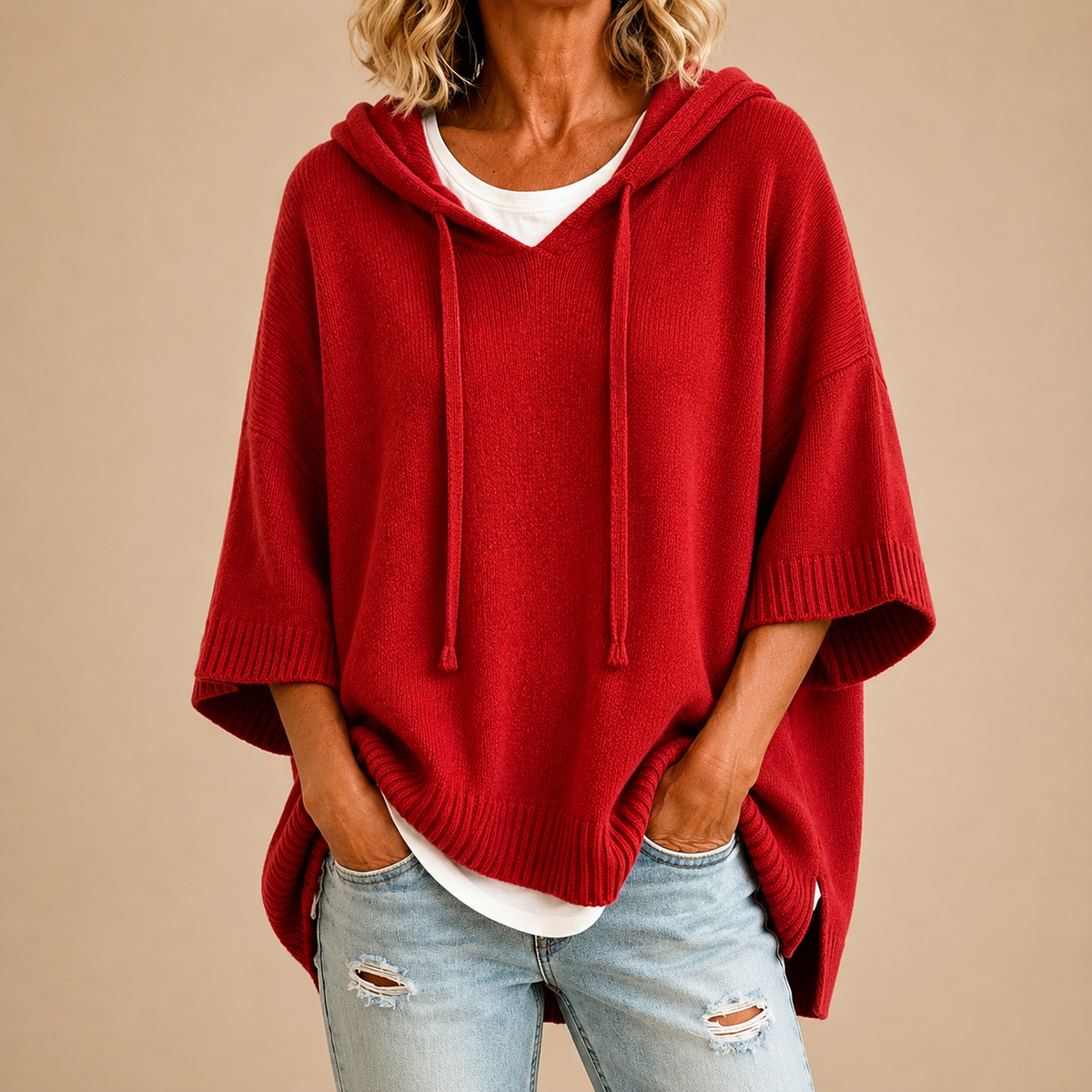 Ottavia | Women's Hooded Poncho Sweater with Three-Quarter Sleeves