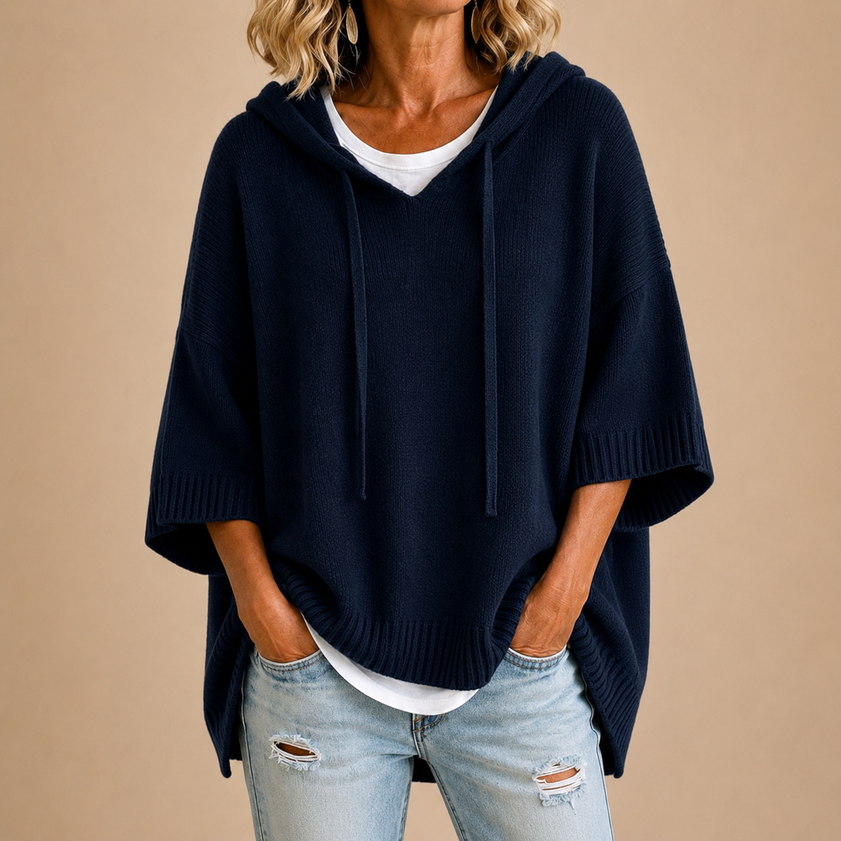 Ottavia | Women's Hooded Poncho Sweater with Three-Quarter Sleeves