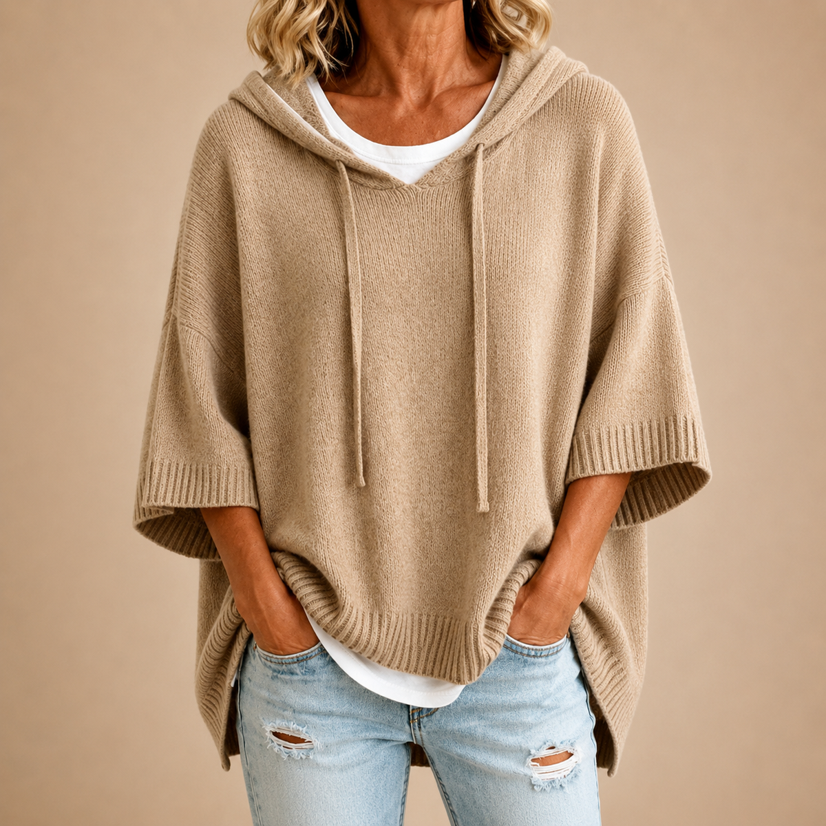 Ottavia | Women's Hooded Poncho Sweater with Three-Quarter Sleeves