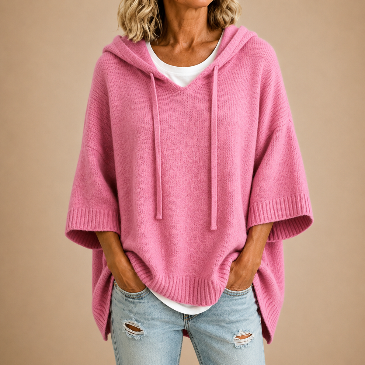 Ottavia | Women's Hooded Poncho Sweater with Three-Quarter Sleeves