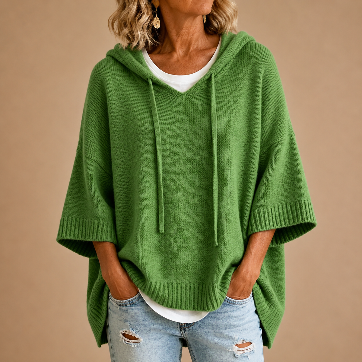Ottavia | Women's Hooded Poncho Sweater with Three-Quarter Sleeves