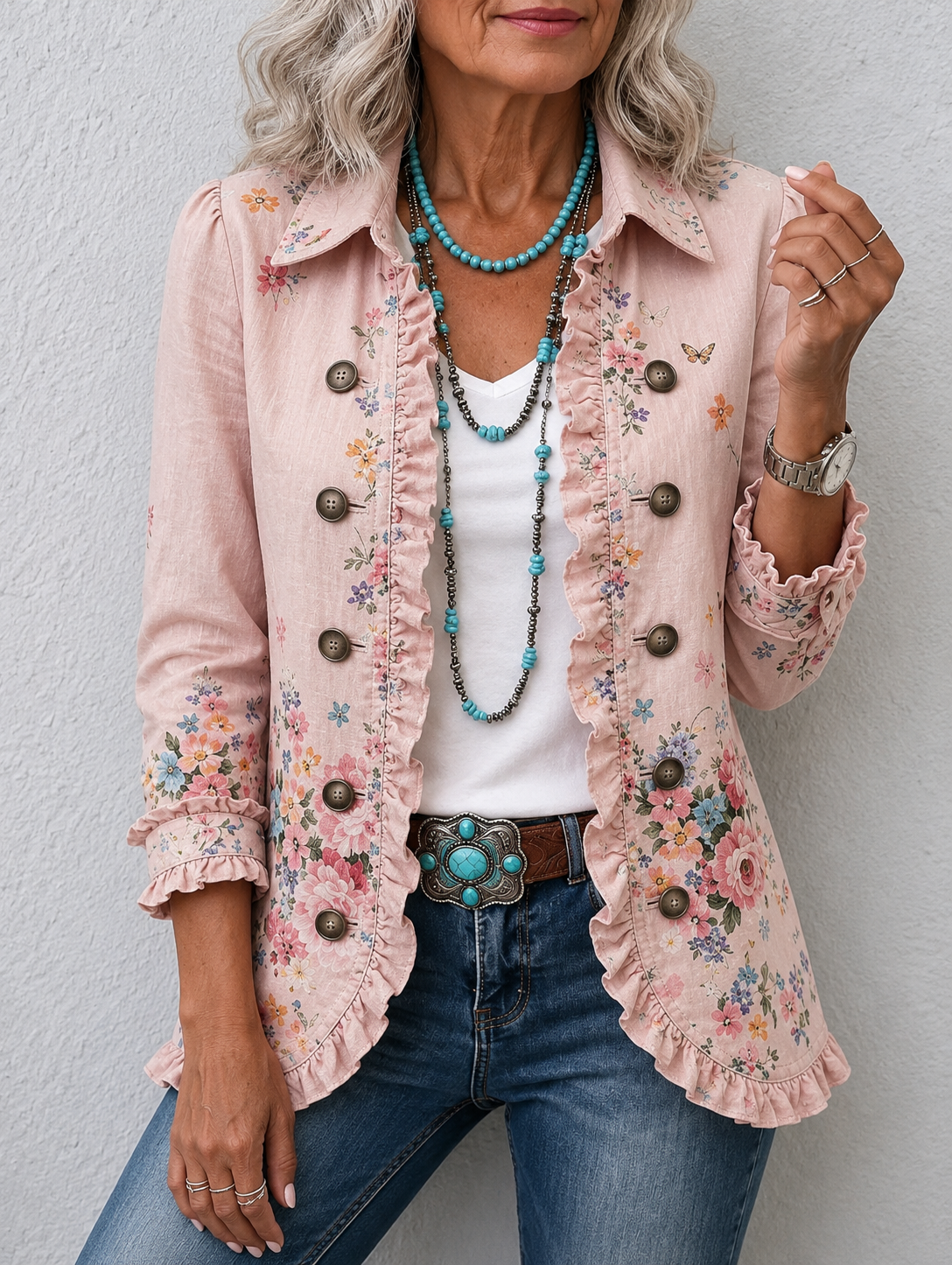 Bettany™ | Floral Ruffle Button-Front Jacket