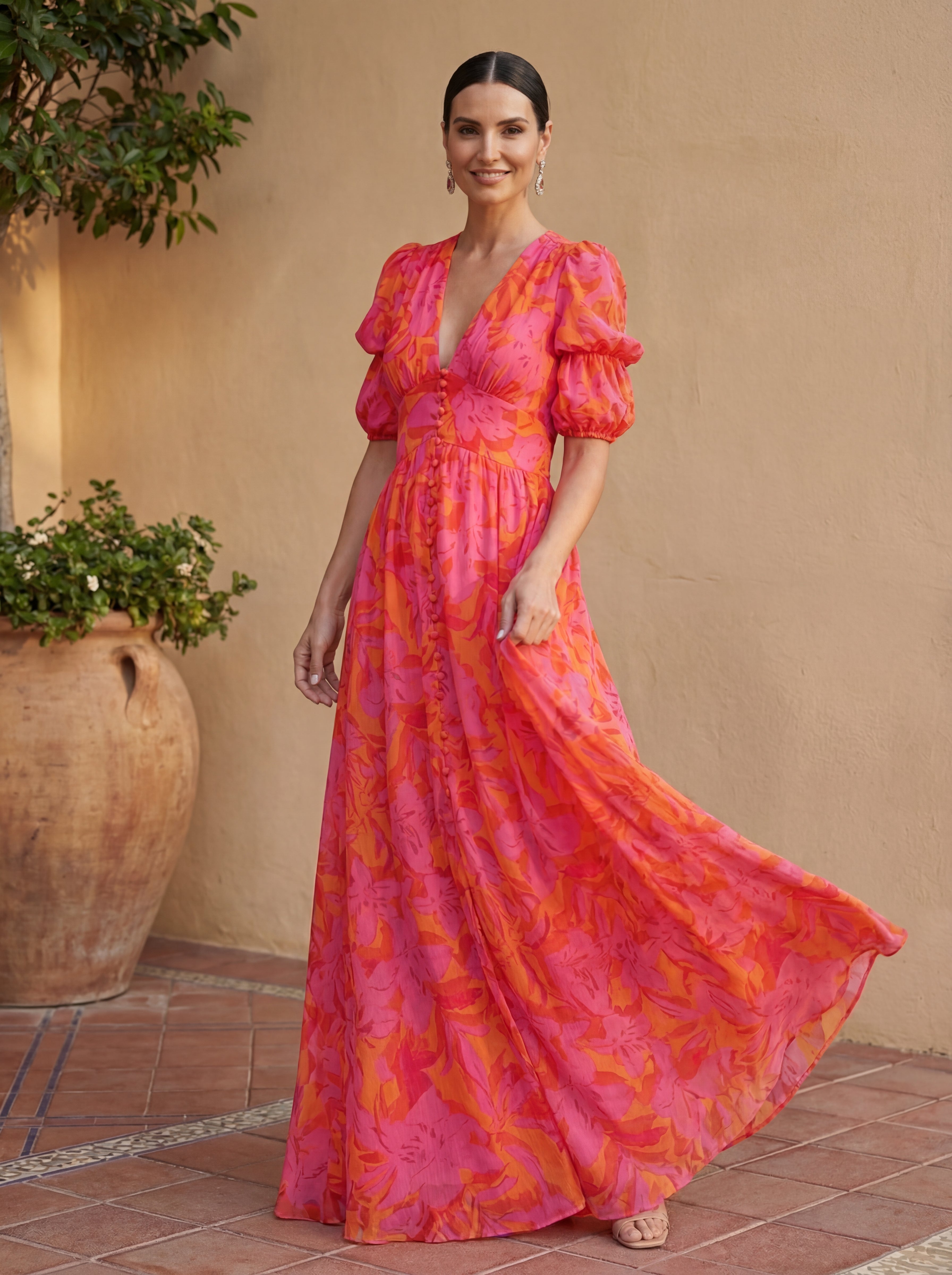 Tessaline™ | Floral Puff-Sleeve Maxi Dress
