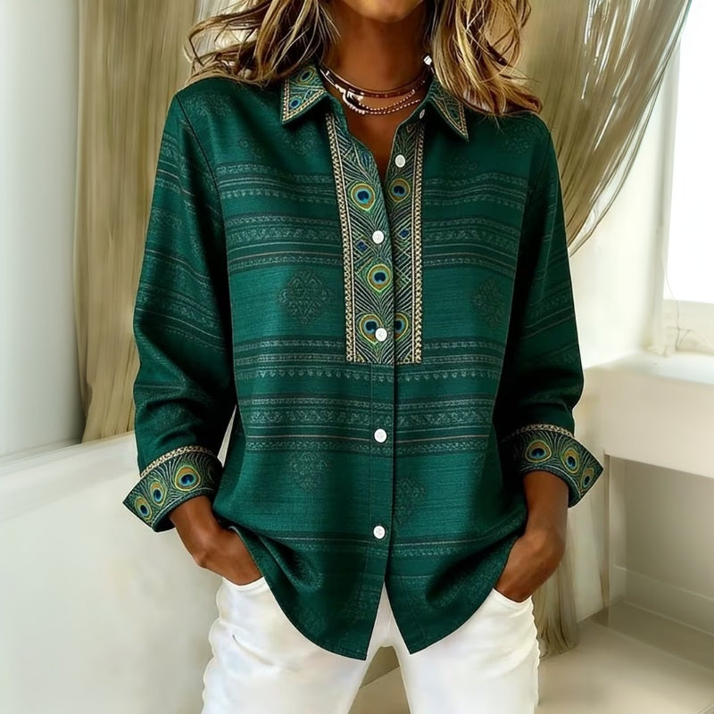 Sofia | Peacock Feather Print Button-Front Blouse