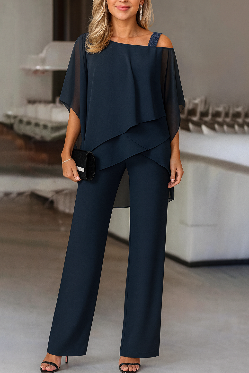 Patricia | Women's Cold-Shoulder Cape-Top Pant Set