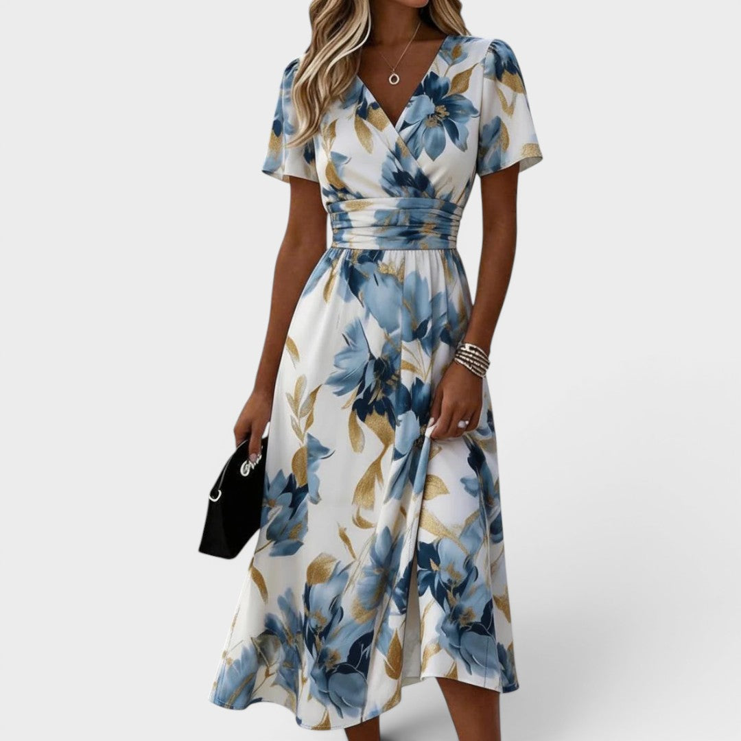Noelle™ | Watercolor Floral Wrap Waist Midi Dress with Gold Accents