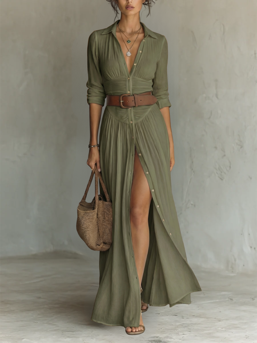 Nadia™ | Effortless Green Maxi Dress with Collared Button Front Long Sleeve Side Slit Bohemian Style