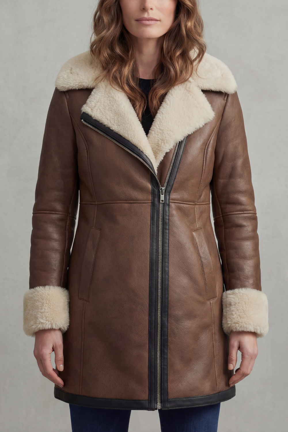 Women's Shearling Collar Leather Winter Coat