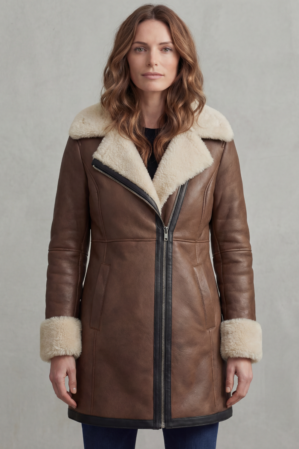 Women's Shearling Collar Leather Winter Coat