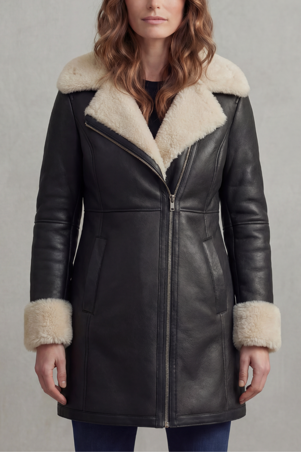 Women's Shearling Collar Leather Winter Coat