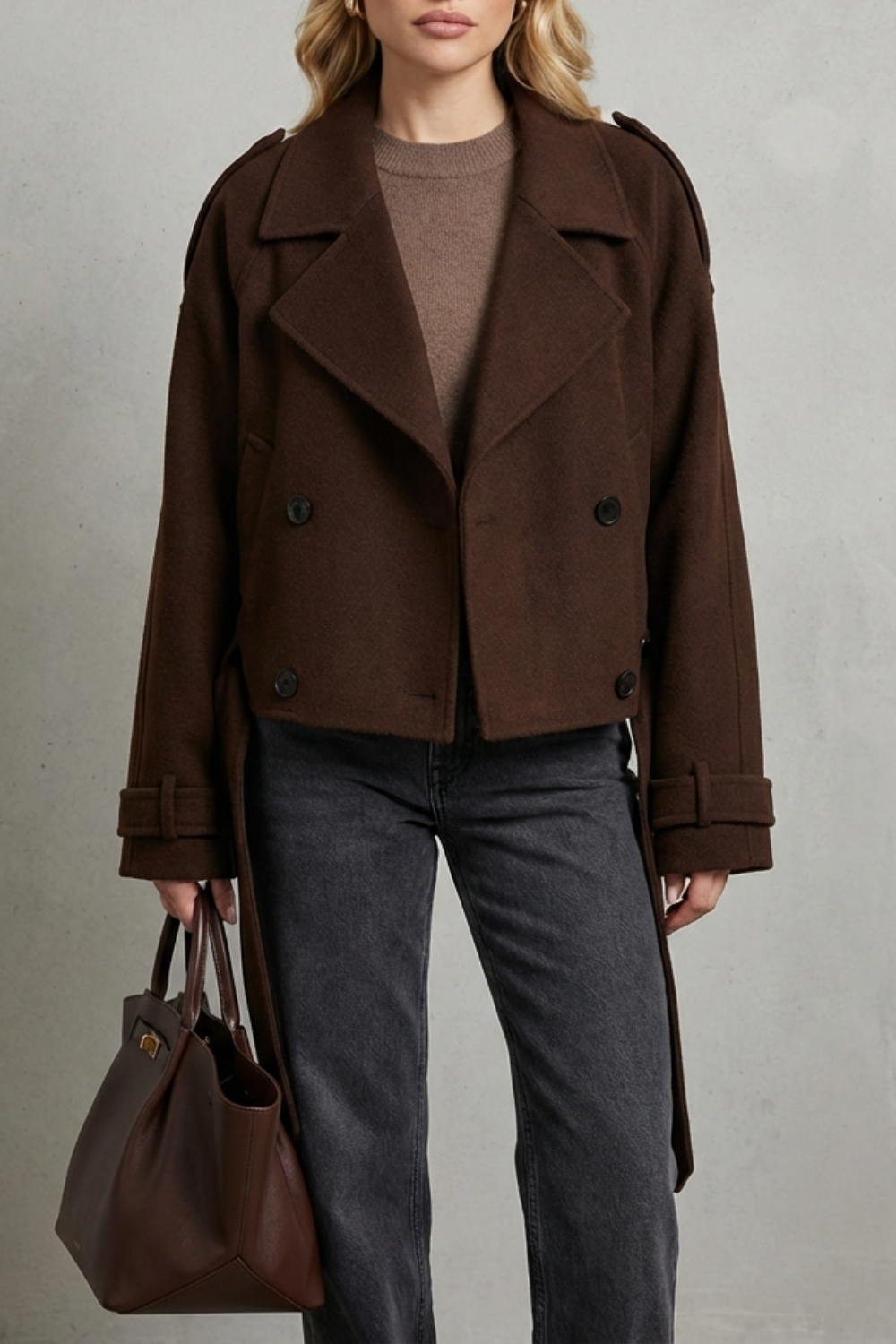 Women's Double-breasted French Woolen Jacket Cropped City Coat
