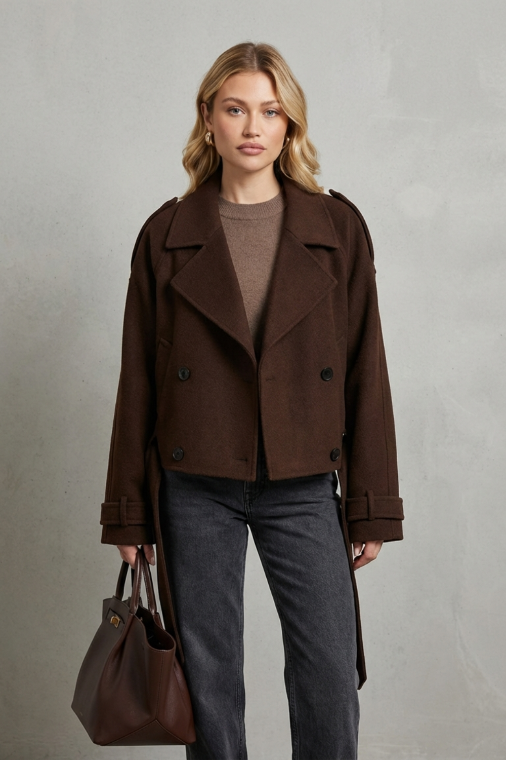 Women's Double-breasted French Woolen Jacket Cropped City Coat