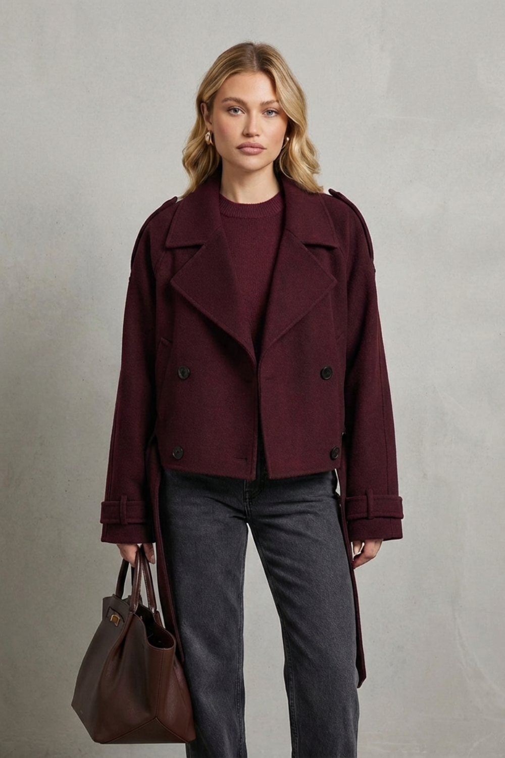 Women's Double-breasted French Woolen Jacket Cropped City Coat