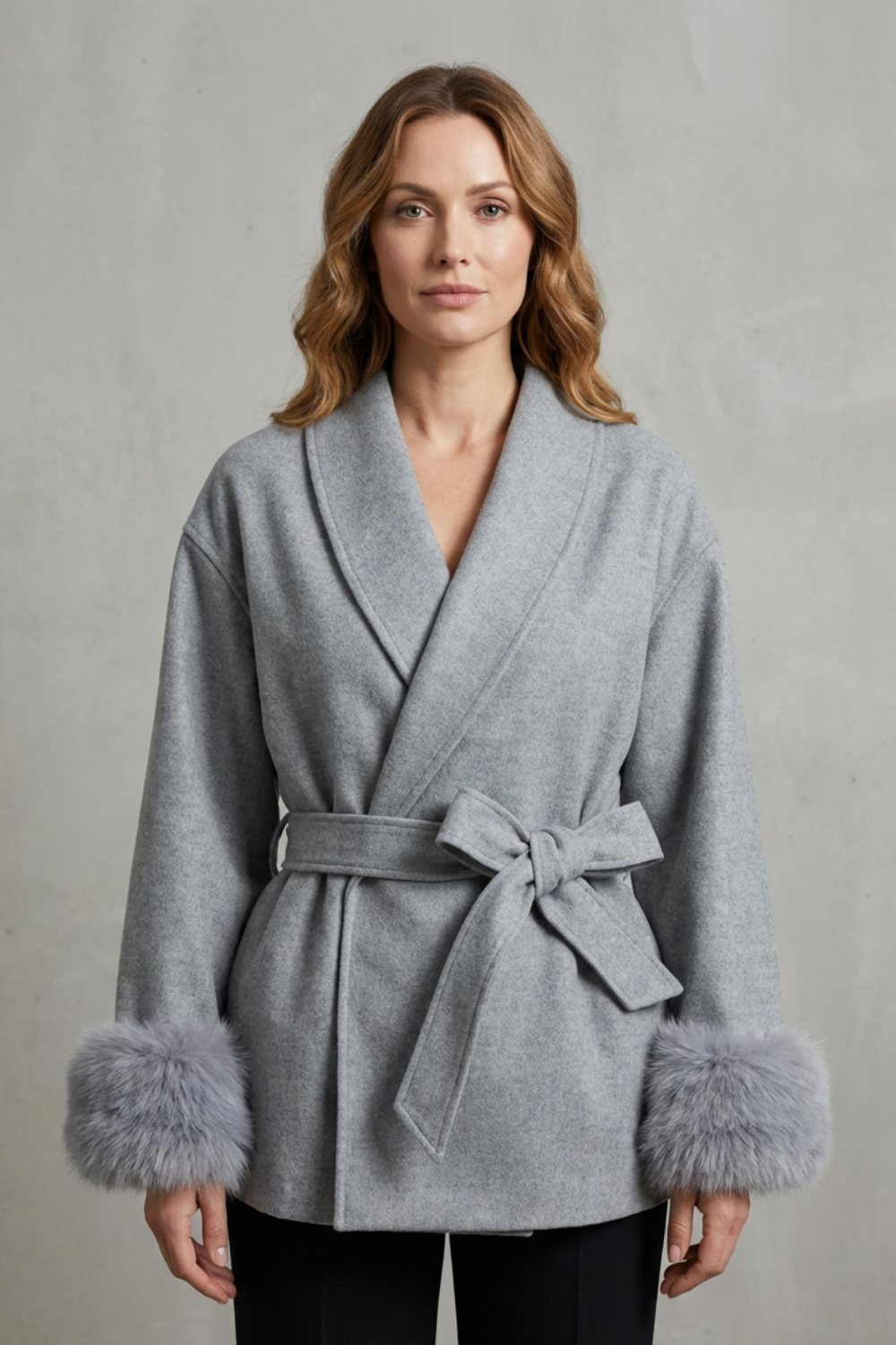 Women's Luxe Woolen Coat with Faux Fur Cuffs & Belted Wrap Design