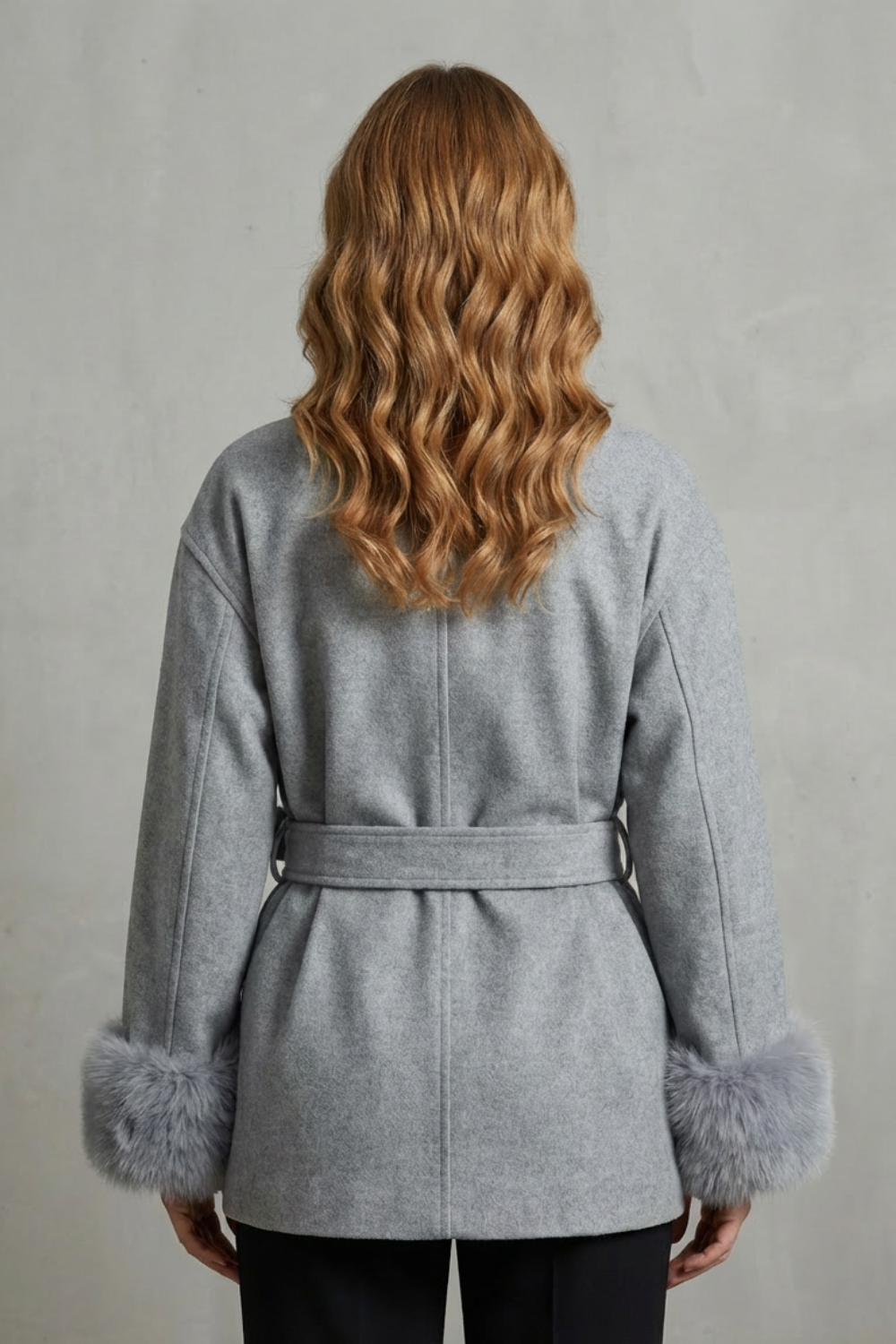 Women's Luxe Woolen Coat with Faux Fur Cuffs & Belted Wrap Design