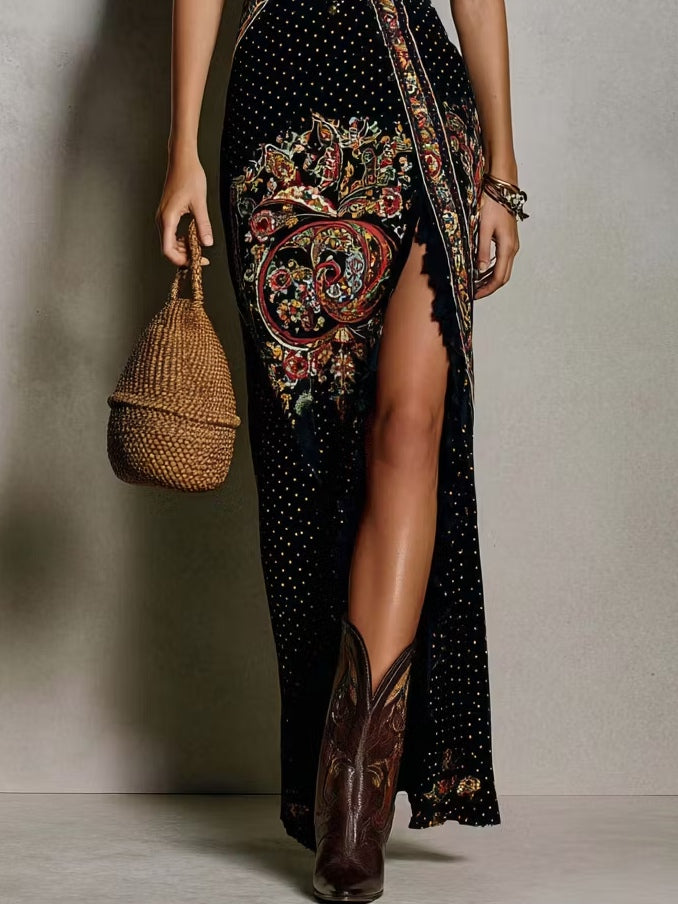 Ivoria™ | Bohemian Printed Deep V-Neck High Slit Maxi Dress