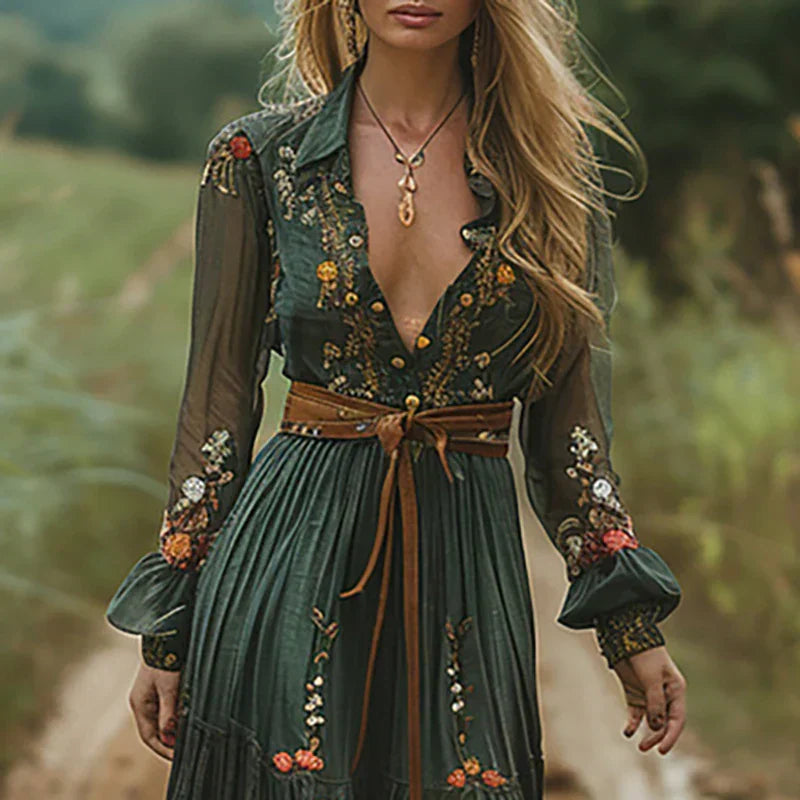 Loretta™ | Embroidered V-Neck Bohemian Maxi Dress