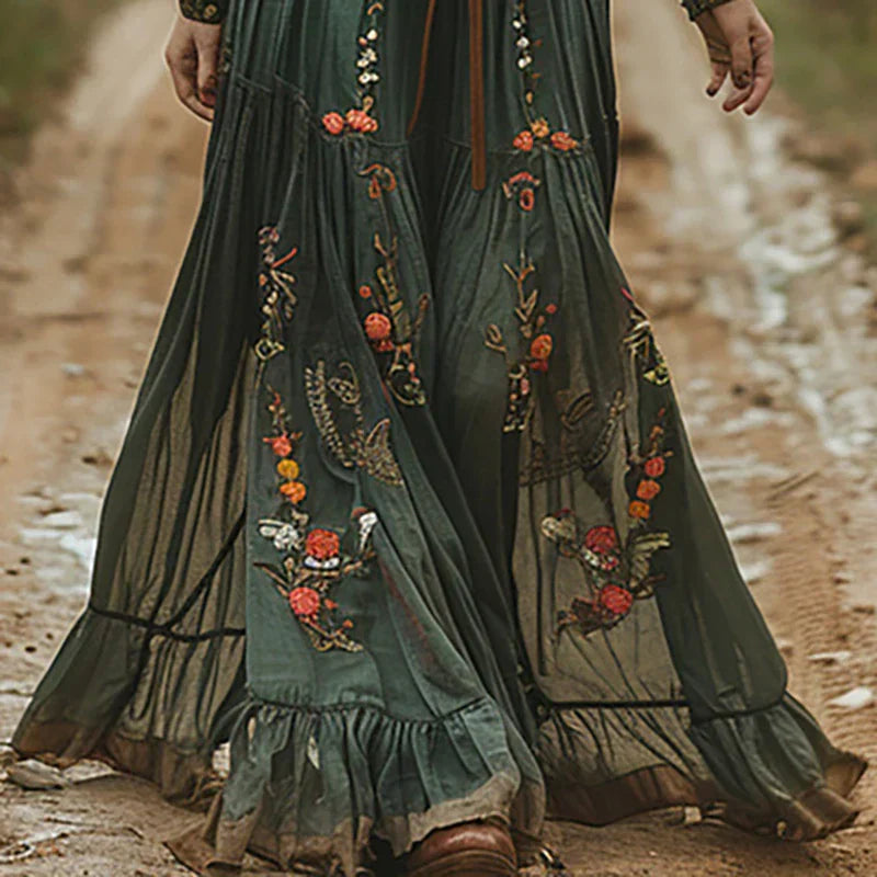 Loretta™ | Embroidered V-Neck Bohemian Maxi Dress