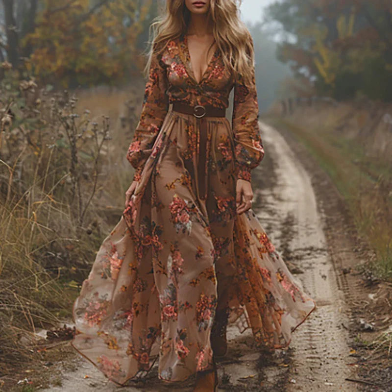 Loretta™ | Embroidered V-Neck Bohemian Maxi Dress