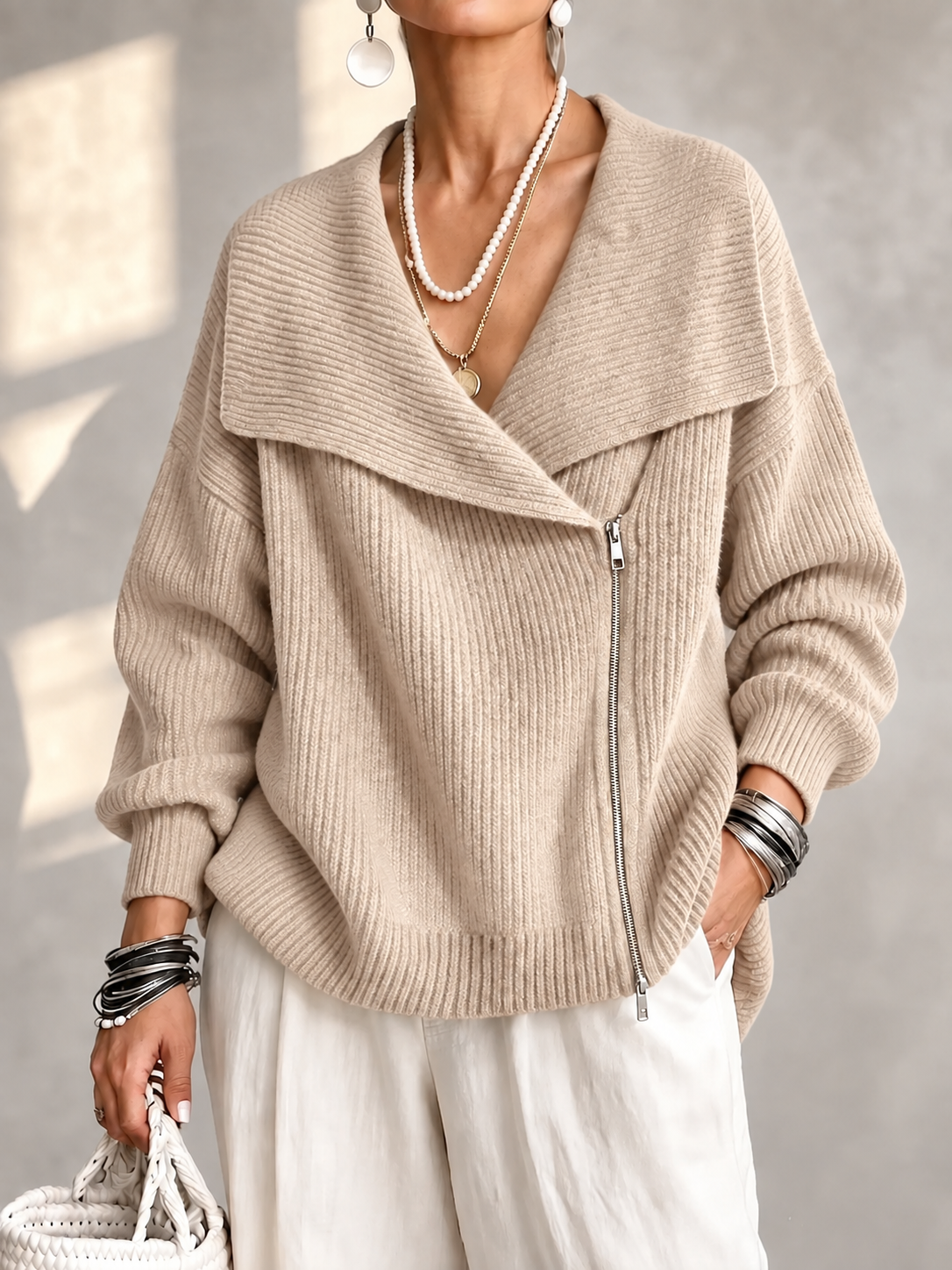 Josiane™ | Wide Collar Two-Way Zip Sweater