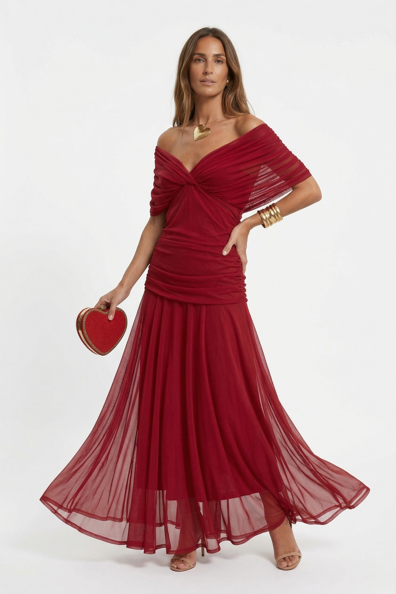 Loraina™ | Floral Long Dress with Draped Off-Shoulder Neckline