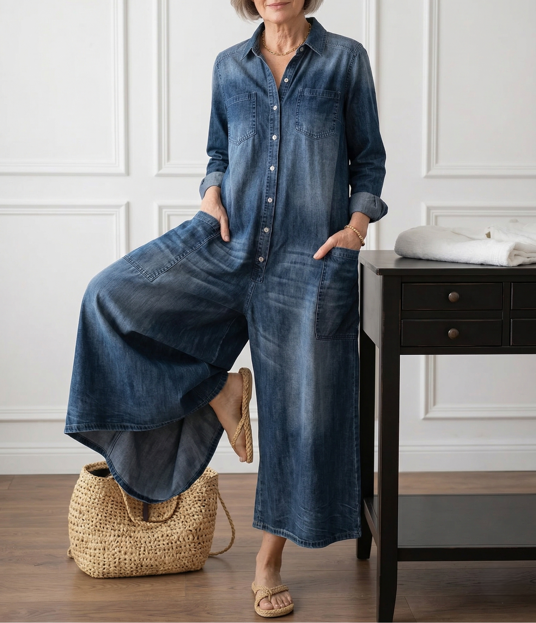 Sandy | Vintage Washed Soft Cotton Denim Jumpsuit with Button Closure