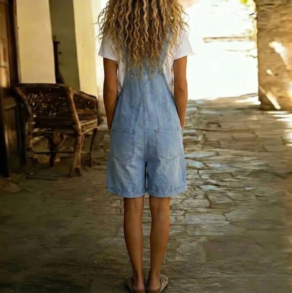 Michelle | Vintage Washed Soft Cotton Feel Denim Short Overall Light blue