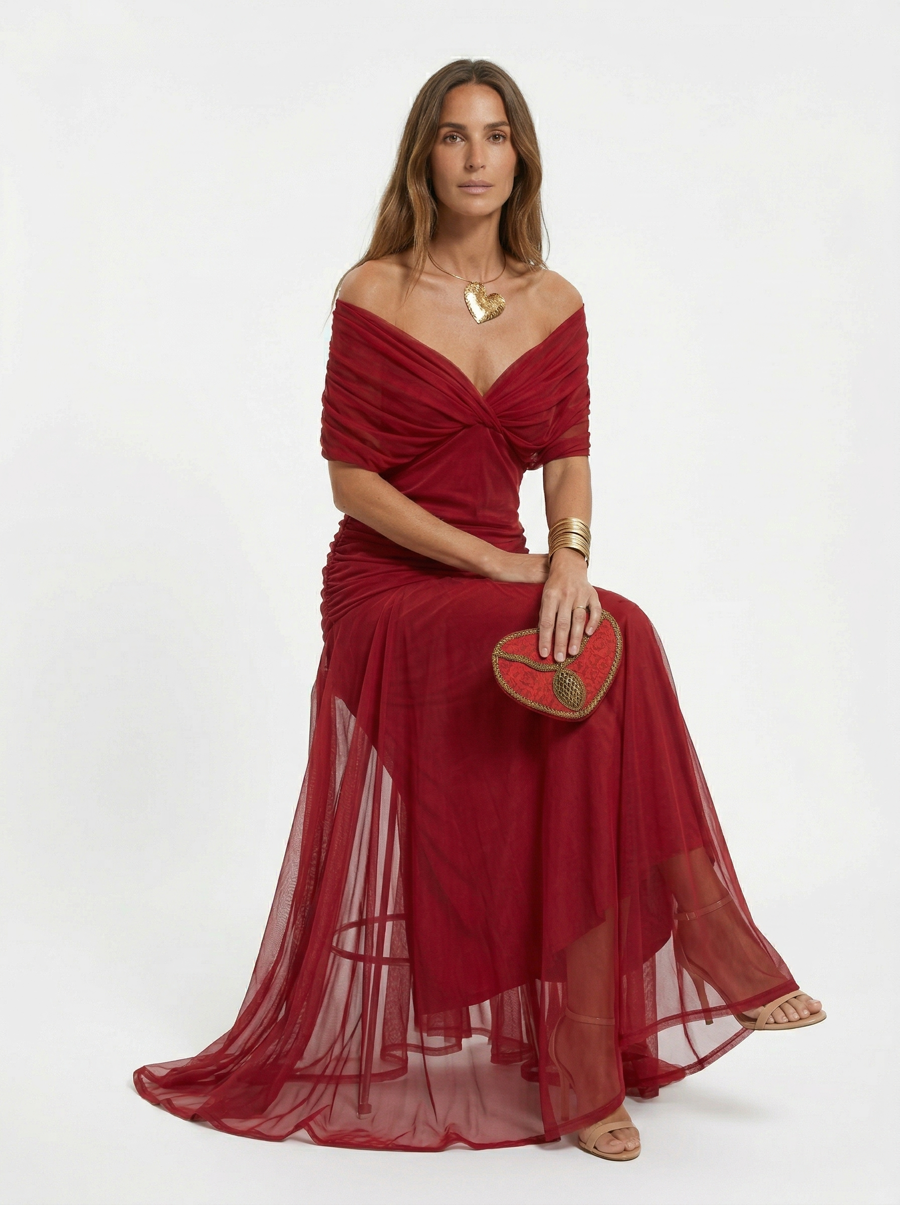 Loraina™ | Floral Long Dress with Draped Off-Shoulder Neckline