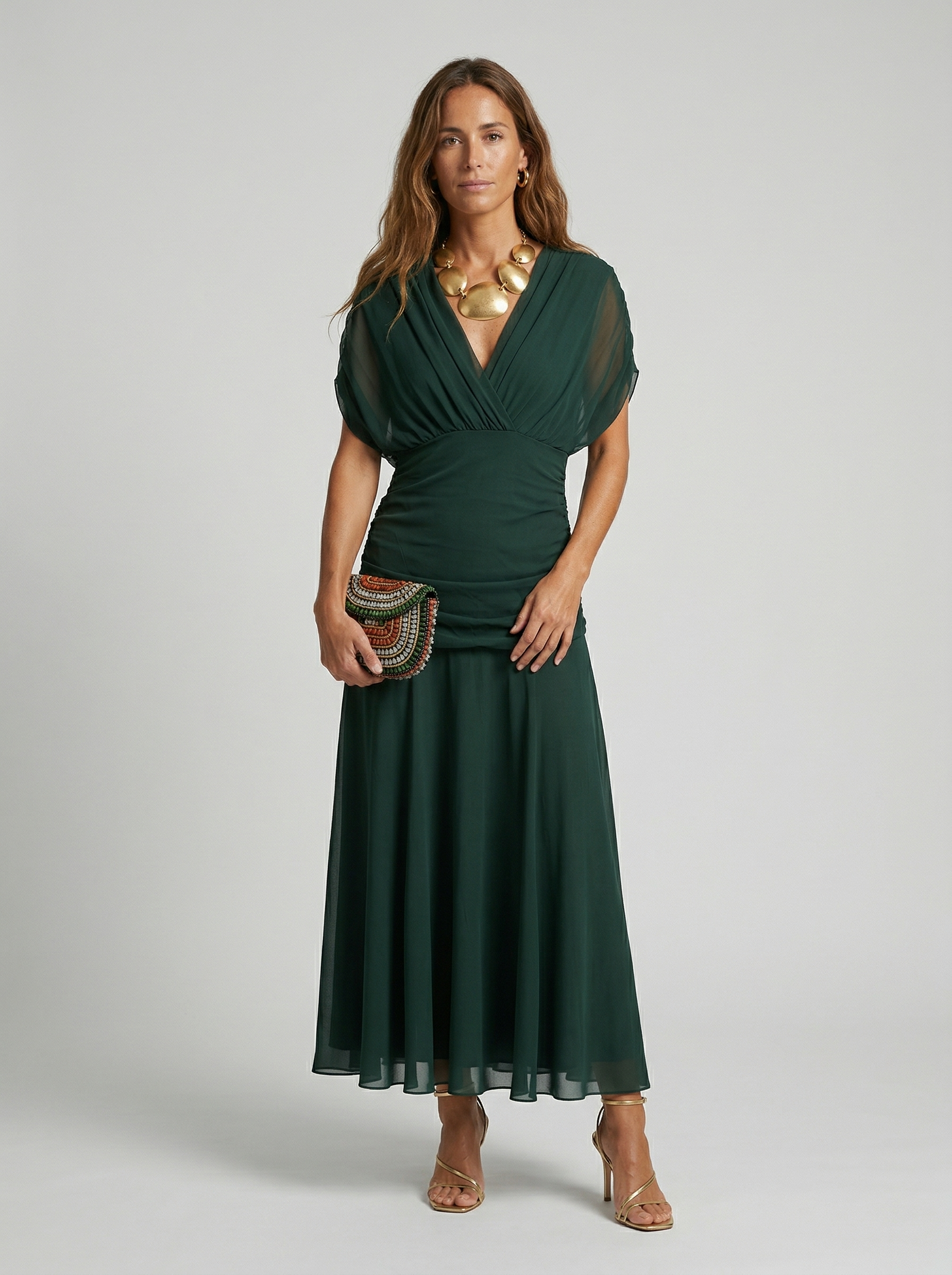 Loraina™ | Floral Long Dress with Draped Off-Shoulder Neckline