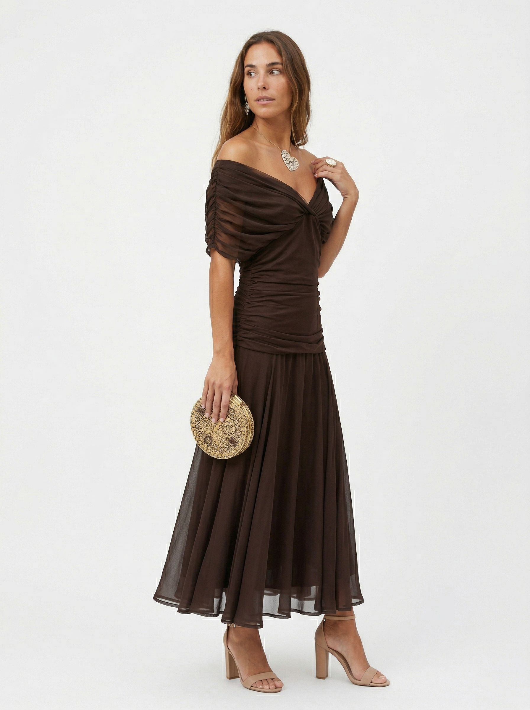 Loraina™ | Floral Long Dress with Draped Off-Shoulder Neckline