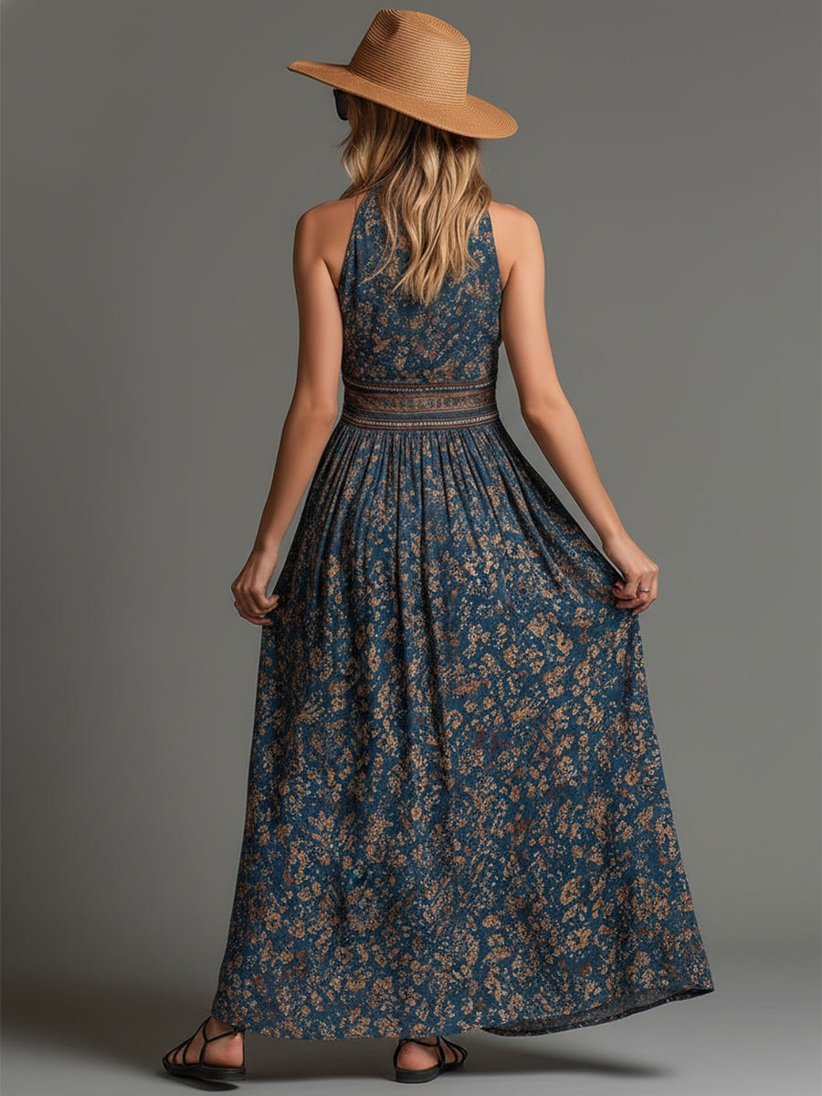 Idara™ | Retro Bohemian Teal Floral Printed Sleeveless Maxi Dress