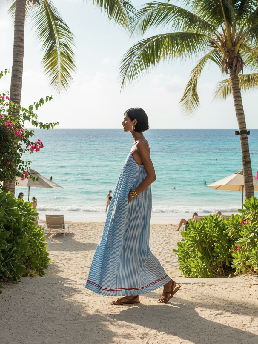 Saffron™ | Striped Maxi Dress with Red Trim and Spaghetti Straps