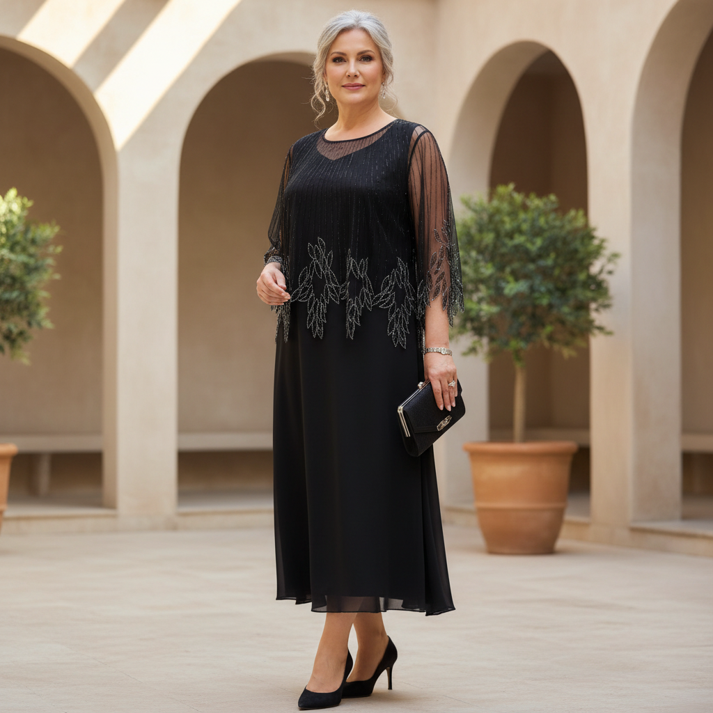 Ivaine™ | Graceful Midi Dress with Embellished Cape Overlay