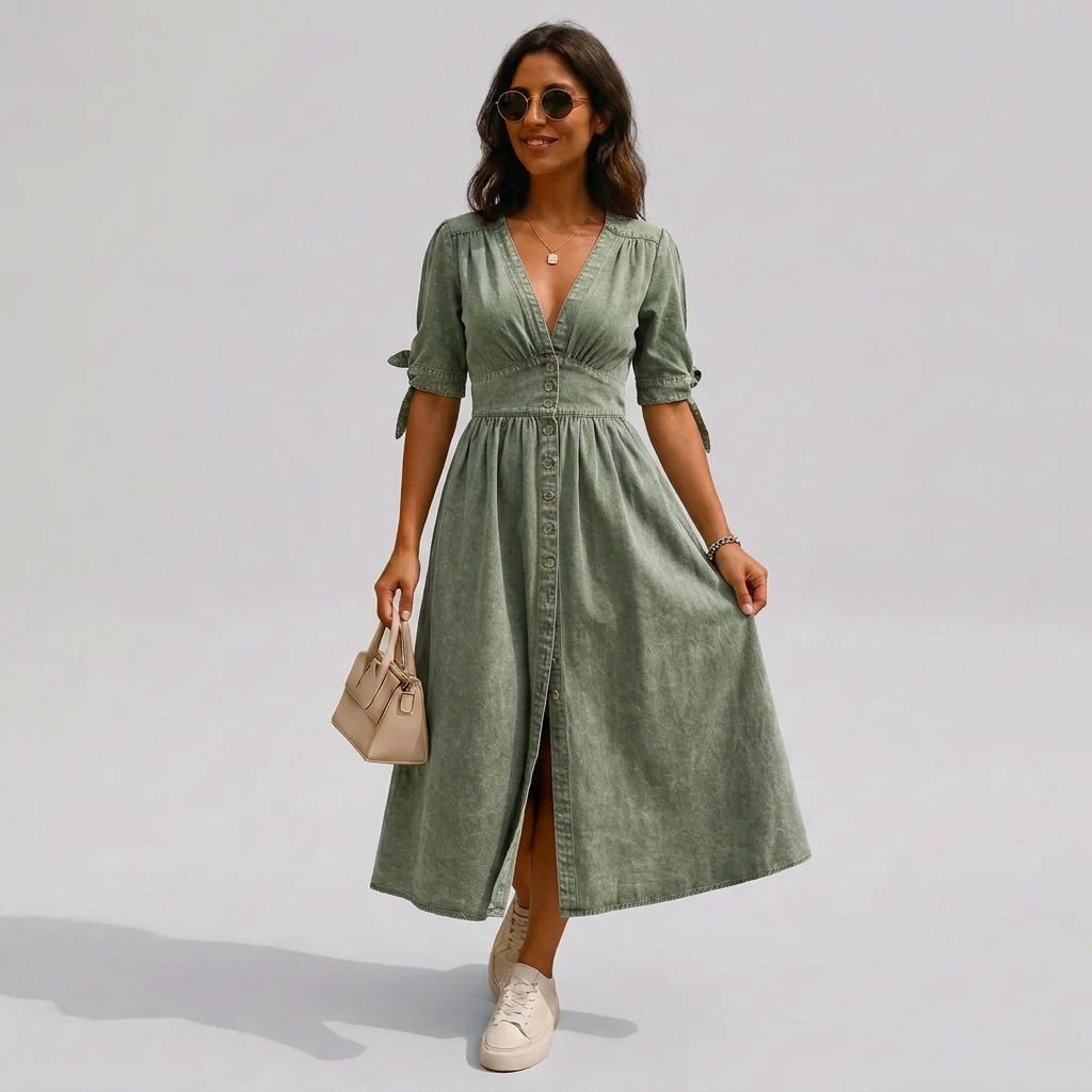 Button-Front V-Neck Tie-Sleeve Midi Dress