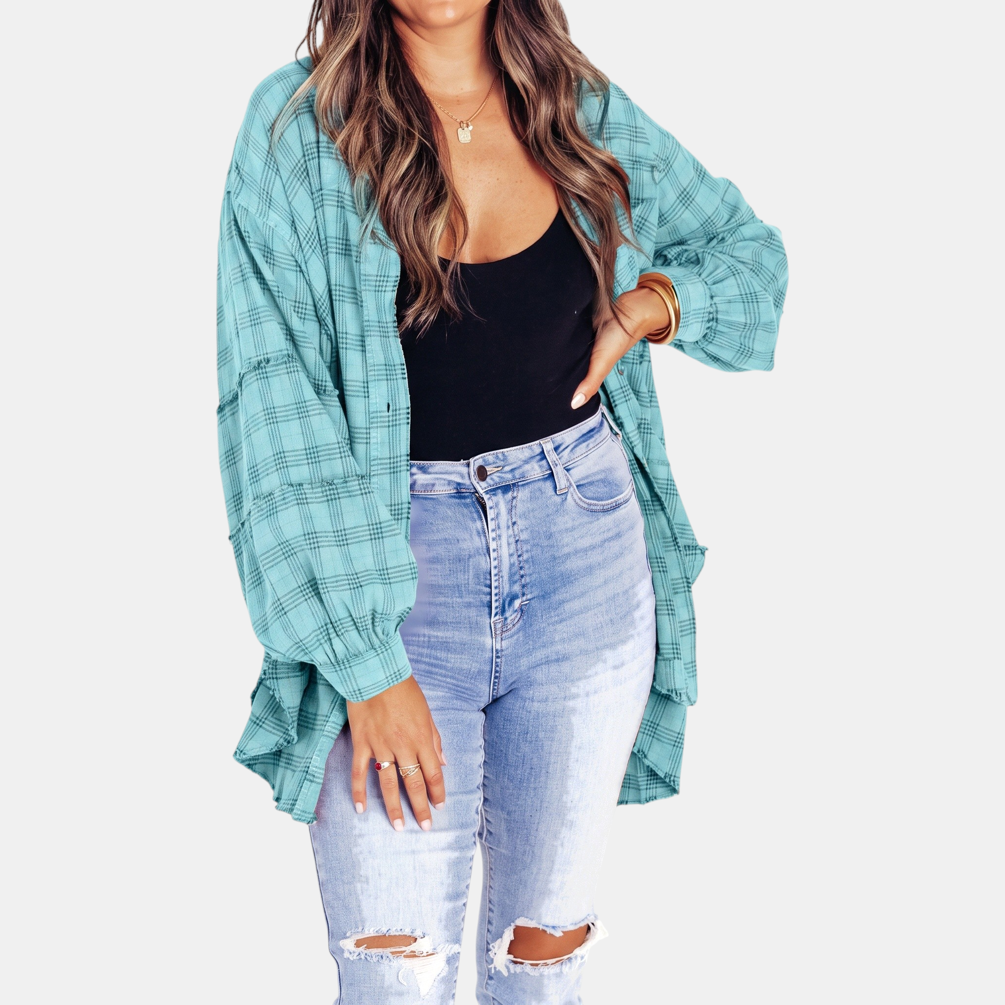 Isadora™ | Oversized Raw Hem Plaid Shirt
