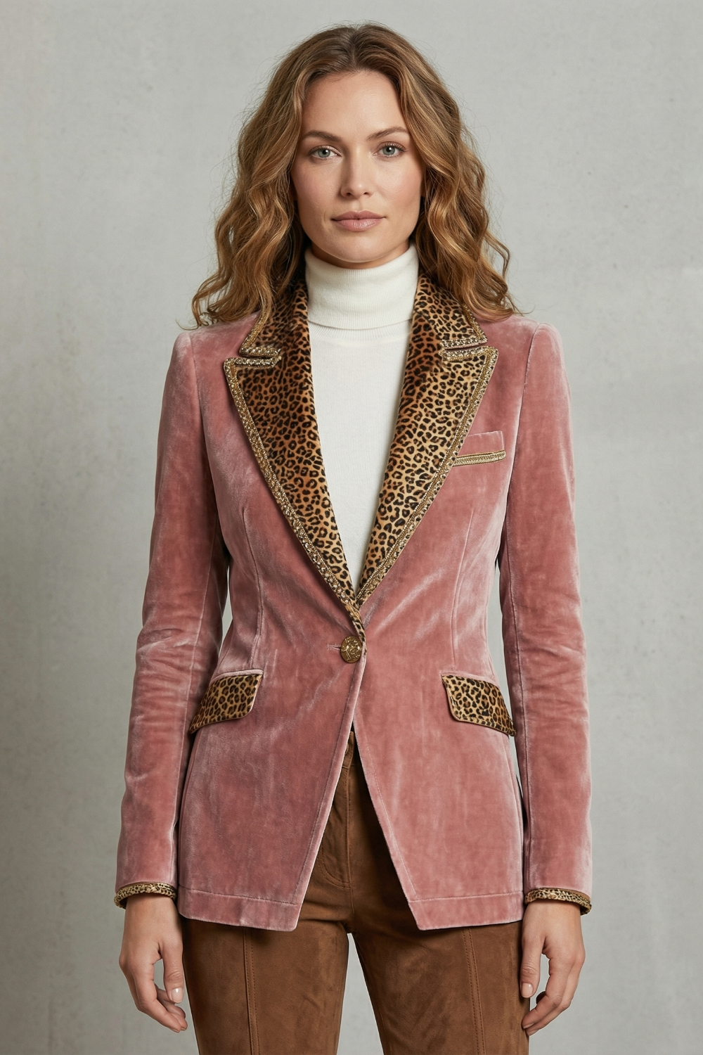 Women's Leopard Contrast Elegant Cut Velvet Blazer
