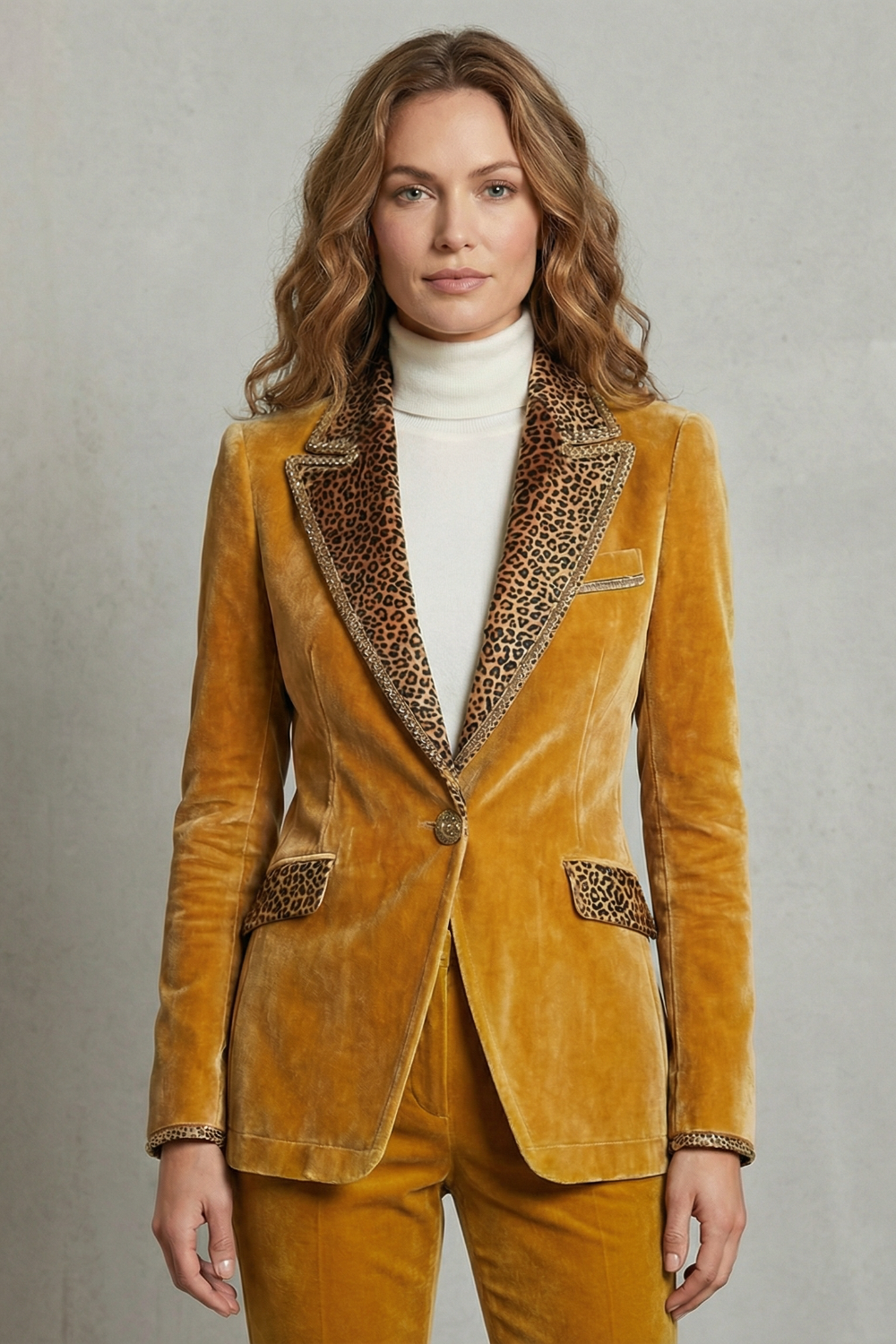 Women's Leopard Contrast Elegant Cut Velvet Blazer