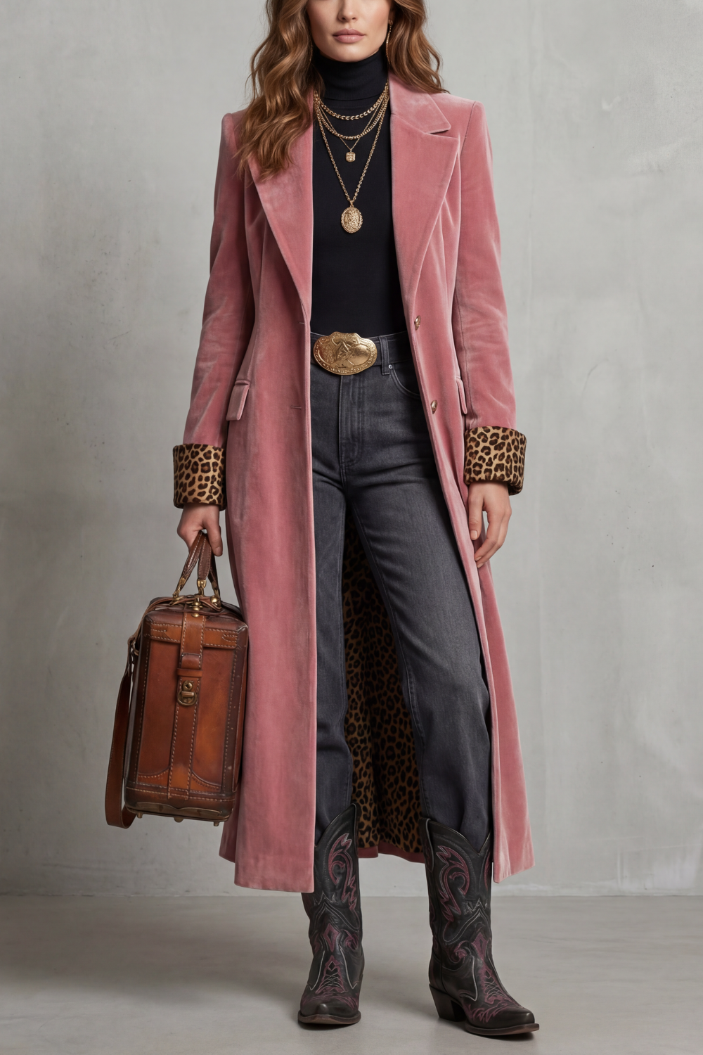 Women's Leopard-lined Velvet Elegance Long Coat