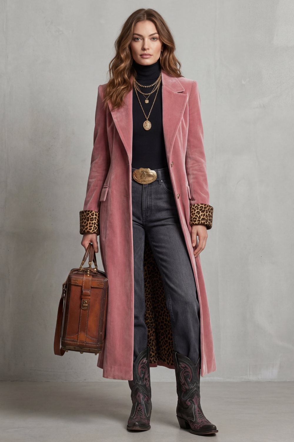 Women's Leopard-lined Velvet Elegance Long Coat
