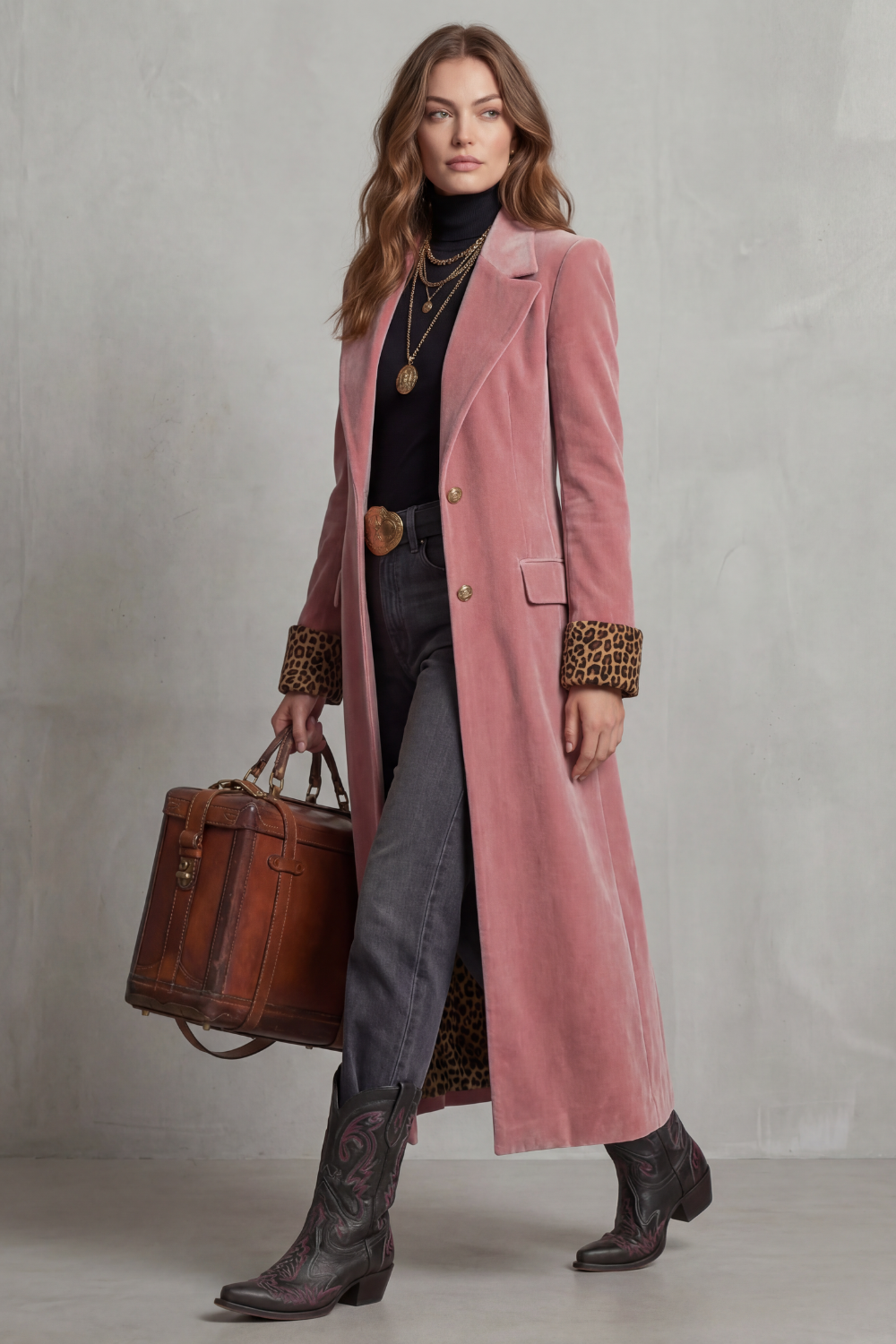 Women's Leopard-lined Velvet Elegance Long Coat