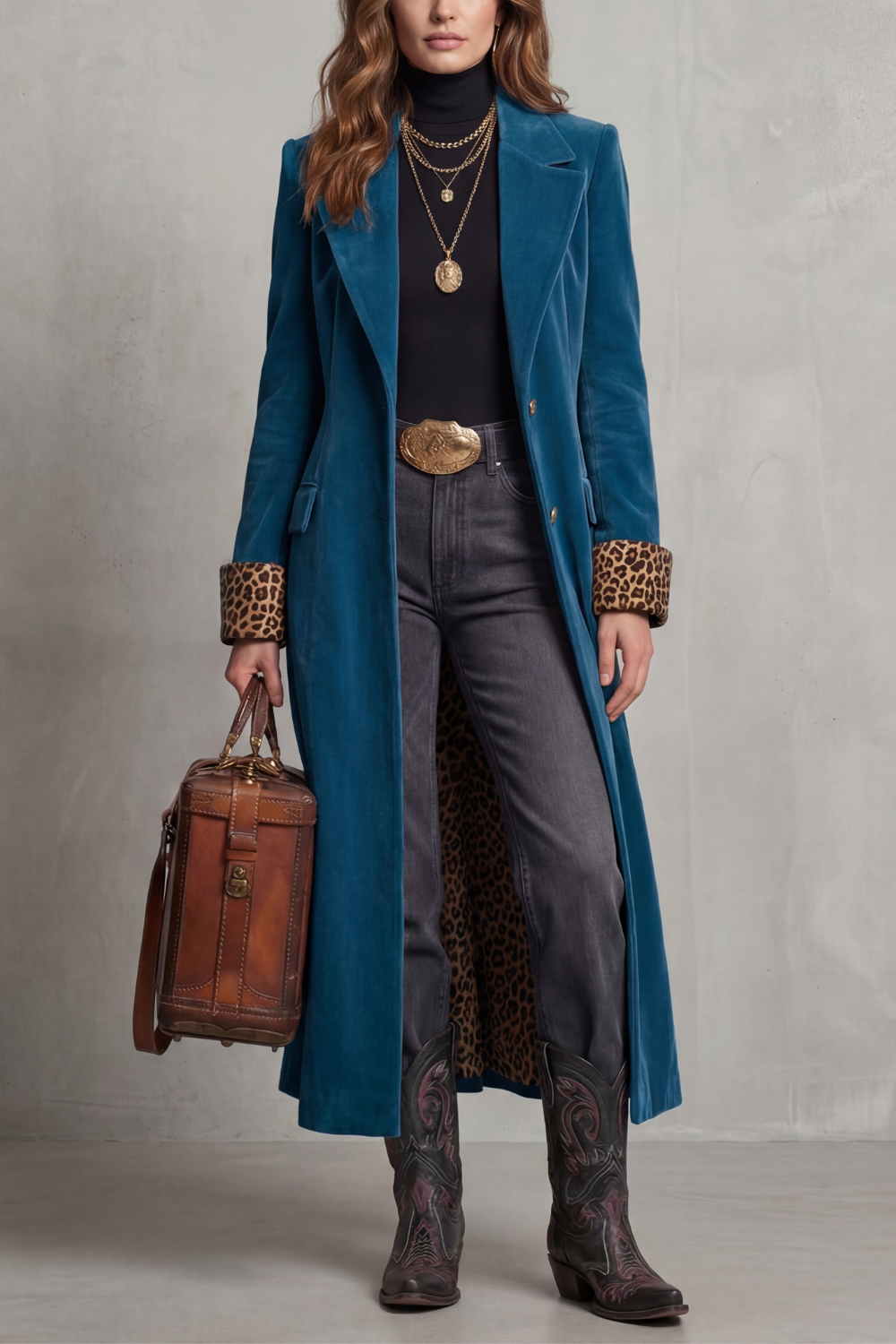Women's Leopard-lined Velvet Elegance Long Coat