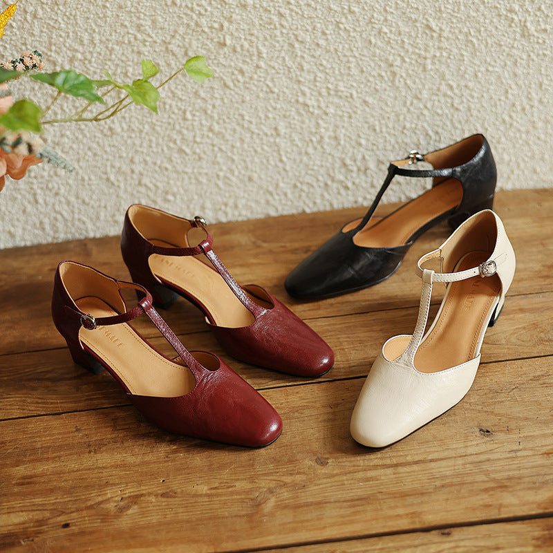 Women's Leather T-Strap Heels