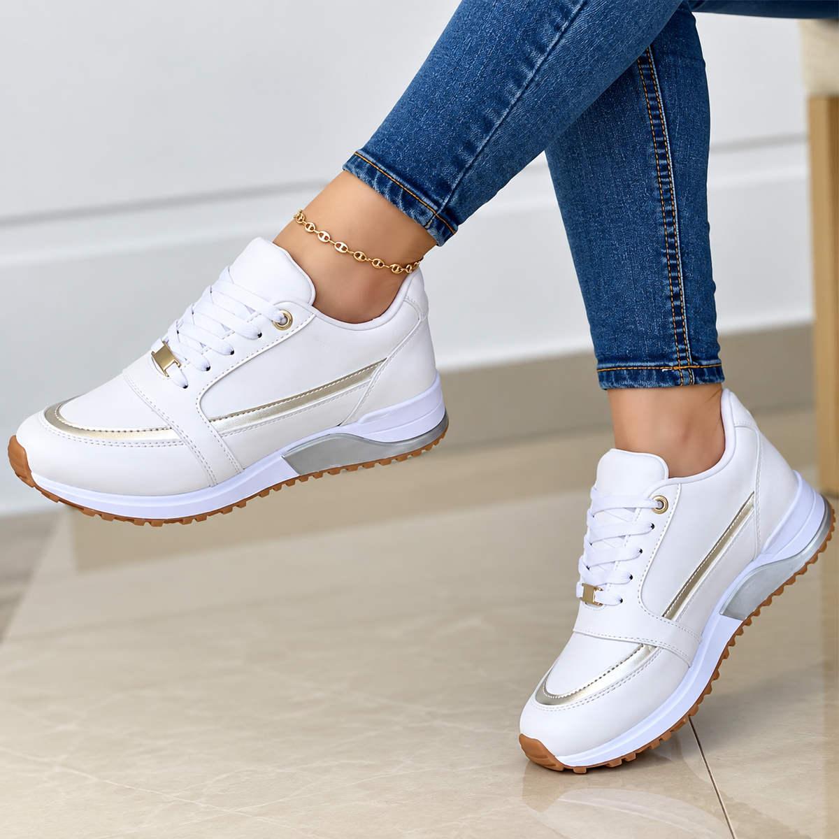Women's Black Lace-Up Comfort Sneakers with Metallic Accents