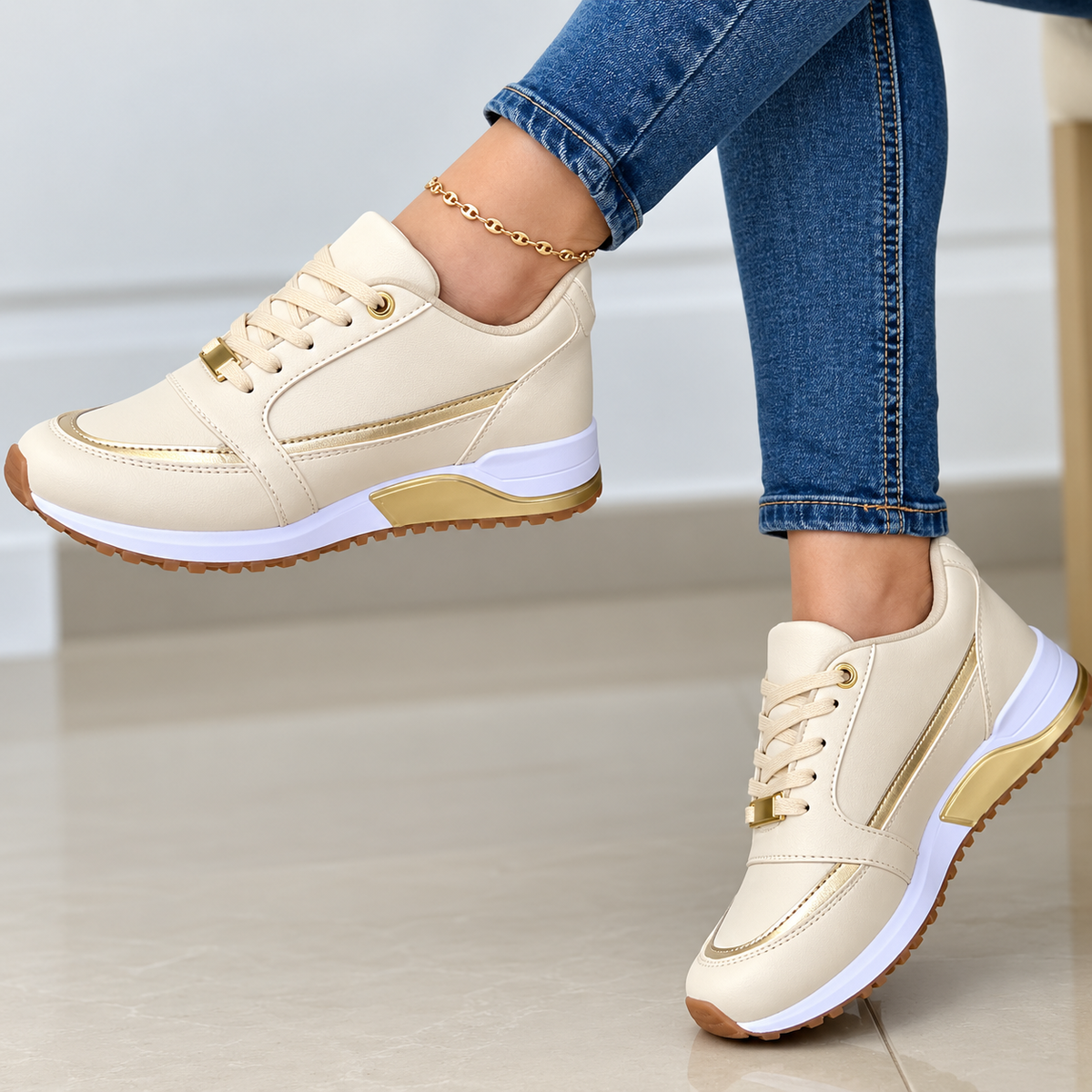 Women's Black Lace-Up Comfort Sneakers with Metallic Accents
